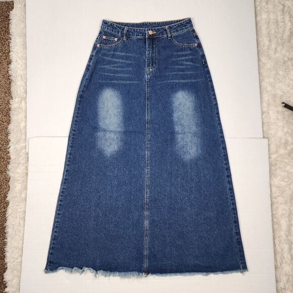 Denim Skirt Maxi Skirt Frayed Hem Jean Skirt Long To The Floor A-line M - Picture 9 of 11